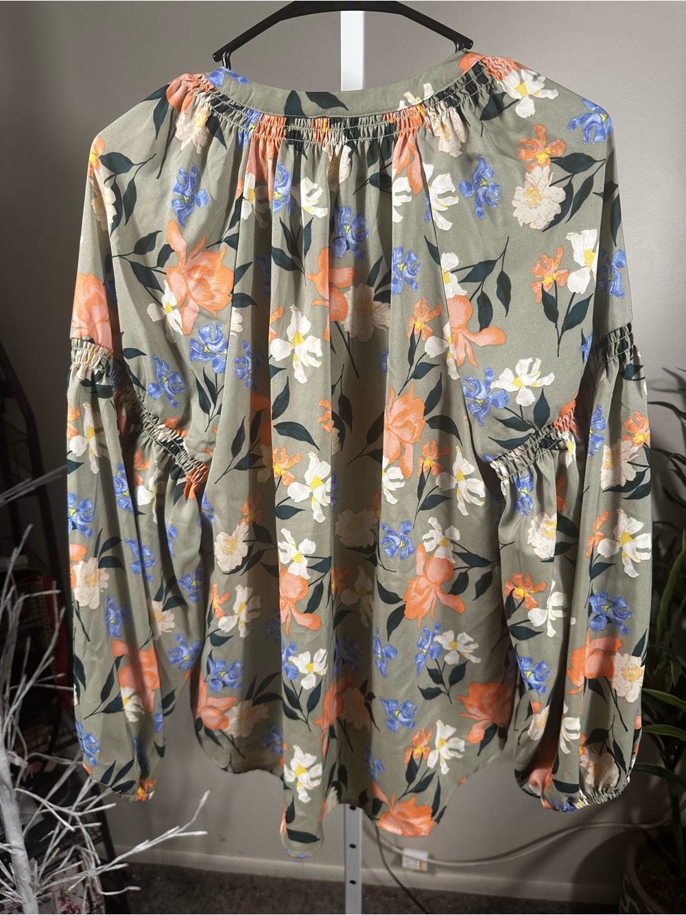 S62. Frye- Floral Button-Front Peasant Blouse - Olive with Orange & Blue Flowers - Picture 5 of 6